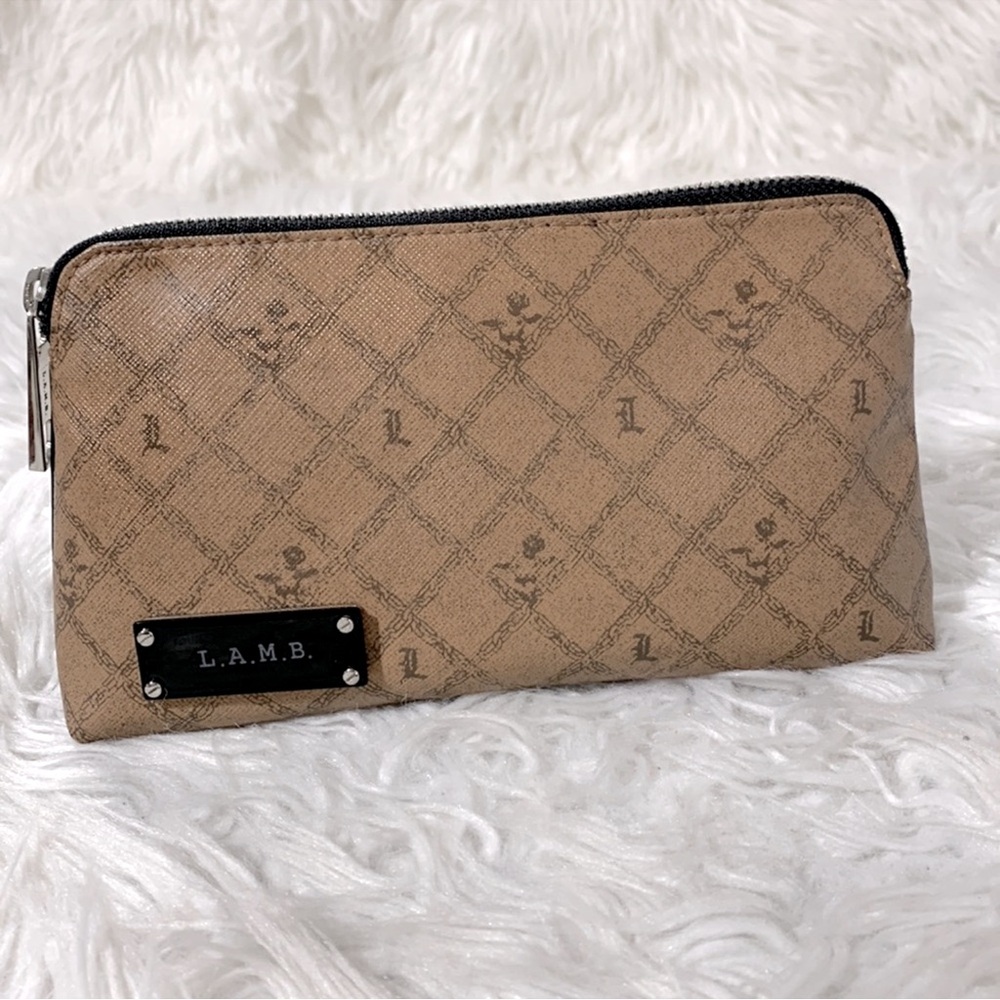 L.A.M.B. Gwen Stefani Monogram Make Up Bag Pouch Zip Top Tan/Black